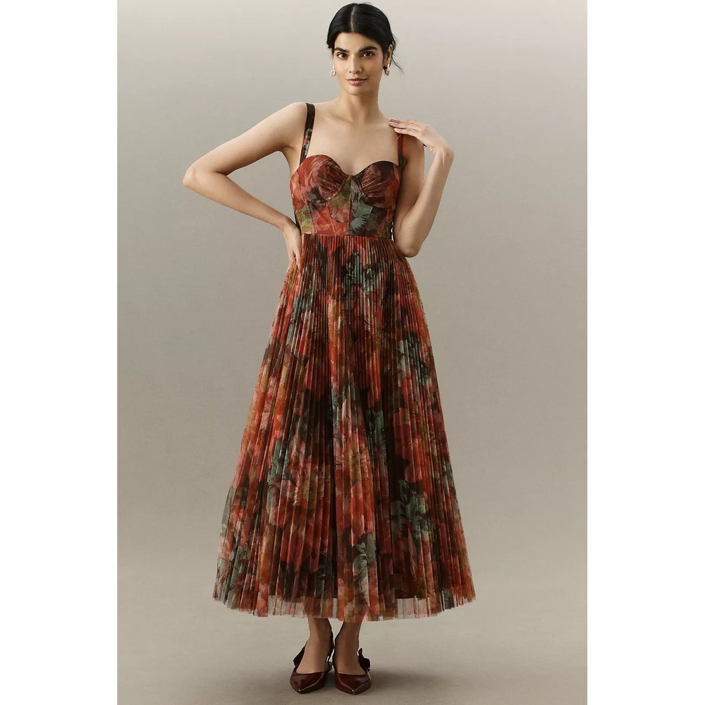 Hutch Floral Pleated Tulle Corset Midi Dress Browns Greens Orange 16W New